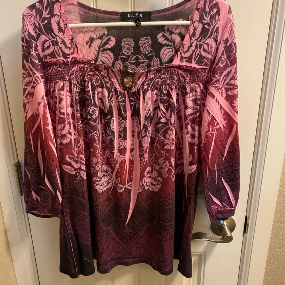 BLEU L blouse purple Pink sublimation style top shirt Large LG B.L.E.U. Nice